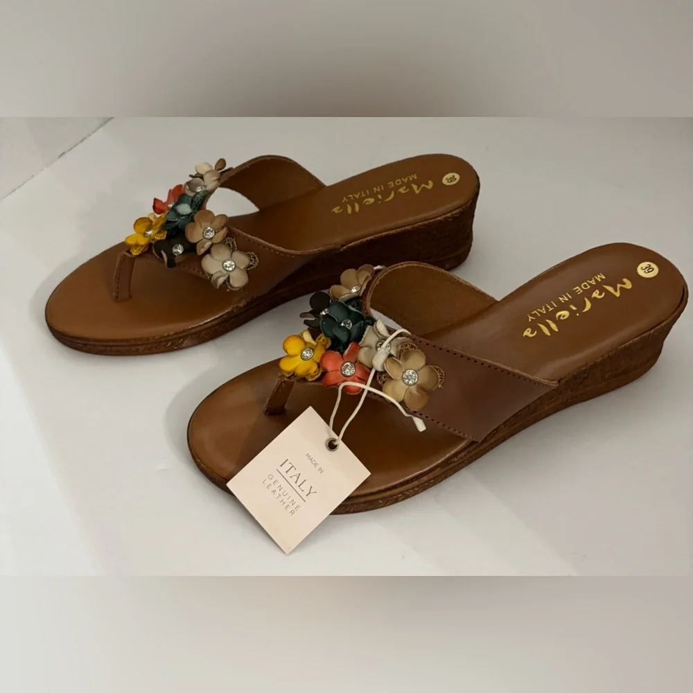 Mariella Women Made in Italy Tan Leather Floral Wedge Sandals Size 39 Summer
